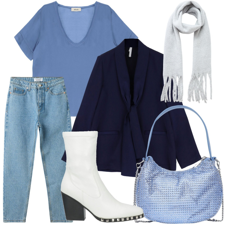 Outfit donna - Il blazer con sciarpa decorativa. Stile Urban per Tutti i giorni. Abbinamento con stivaletti texani, jeans mom, borse a spalla, sciarpe, blazer, bluse.
