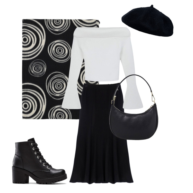 Outfit donna - Cerchi bianco e nero. Stile Casual chic per Tutti i giorni. Abbinamento con stivaletti, maglieria, foulard, gonne lunghe, borse a spalla, cappelli e berretti.