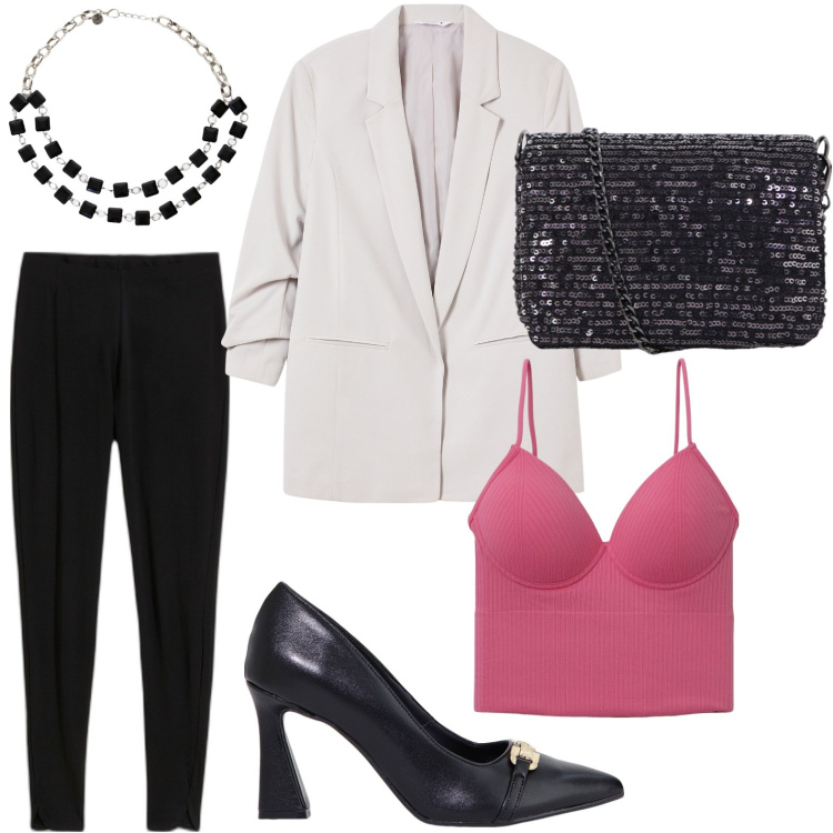 Outfit donna - Il top rosa bubble. Stile Bon Ton per Serata fuori. Abbinamento con leggings, top, blazer, stivaletti, collane, borse a tracolla.