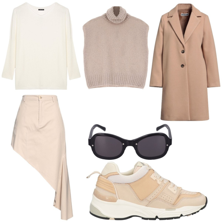 Outfit donna - Casual outfit #1. Stile Minimal per Tutti i giorni. Abbinamento con cappotti, sneakers, minigonne, gilet, occhiali da sole, maglieria.
