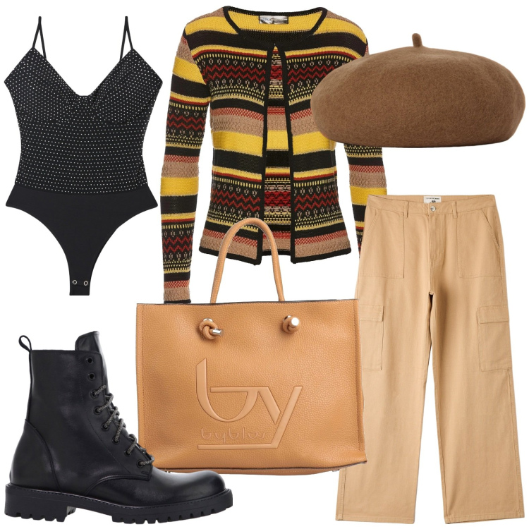 Outfit donna - Il cardigan raffinato. Stile Casual per Tutti i giorni. Abbinamento con cardigans, borse a mano, pantaloni cargo, body, stivaletti, cappelli e berretti.