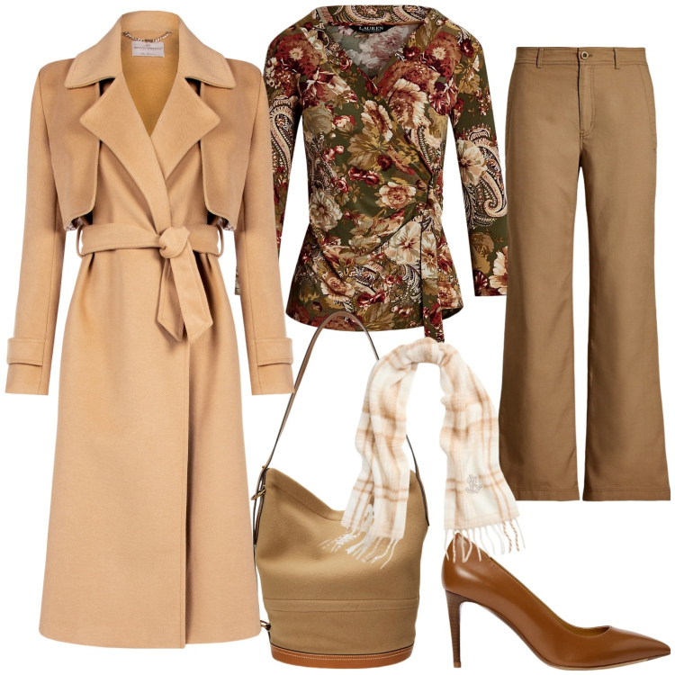 Outfit donna - Aperitivo con le amiche. Stile Chic per Serata fuori. Abbinamento con cappotti, décolleté, top, pantaloni, borse a mano, sciarpe.