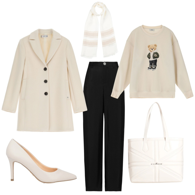 Outfit donna - Inverno chic. Stile Casual chic per Ufficio. Abbinamento con décolleté, pantaloni, borse a spalla, sciarpe, cappotti, felpe.
