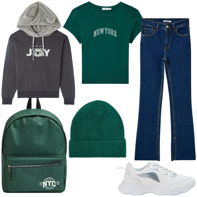 Outfit donna - Giornata studio. Stile Basic per Scuola/Università. Abbinamento con zaini, jeans dritti, sneakers, felpe con cappuccio, t-shirt, berretti.