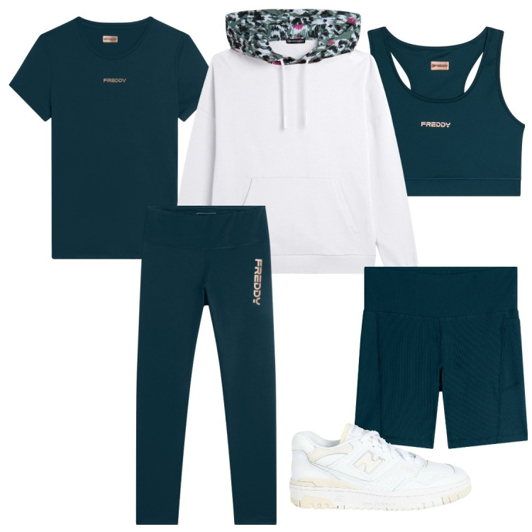 Outfit donna - Ritorno in palestra. Stile Sporty chic per Sport. Abbinamento con sneakers, felpe sportive, leggings, leggings sportivo, t-shirt sportive, reggiseni.