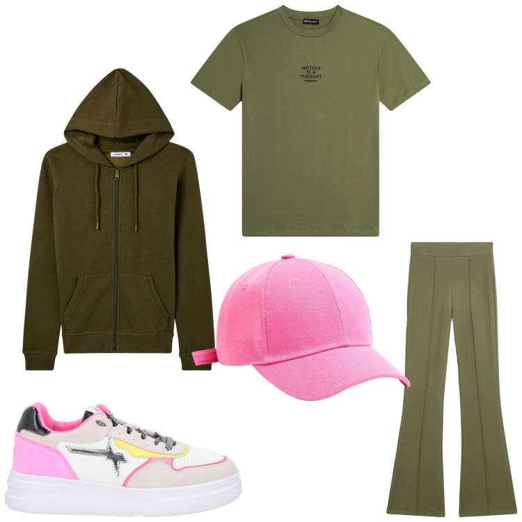 Outfit donna - 6000 passi. Stile Casual per Sport. Abbinamento con sneakers, cappelli, felpe con cappuccio, t-shirt, pantaloni.