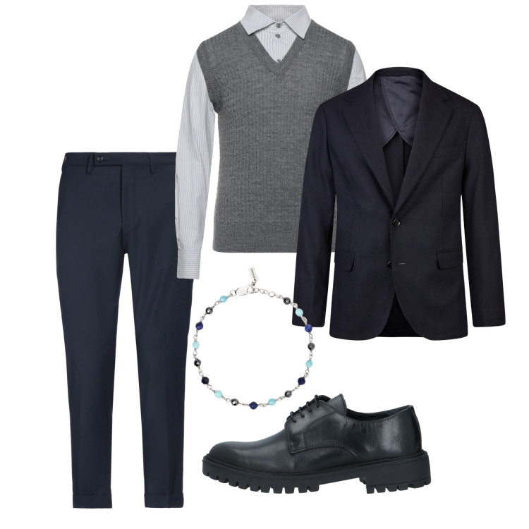Outfit uomo - Bon ton da ufficio. Stile Business/Elegante per Ufficio. Abbinamento con scarpe stringate, pullovers, pantaloni, braccialetti, giacche.