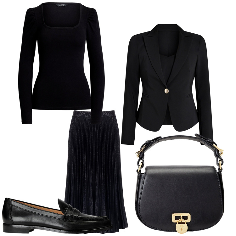 Outfit donna - Midi total black. Stile Casual chic per Serata fuori. Abbinamento con blazer, gonne longuette, mocassini, borse a tracolla, t-shirt.