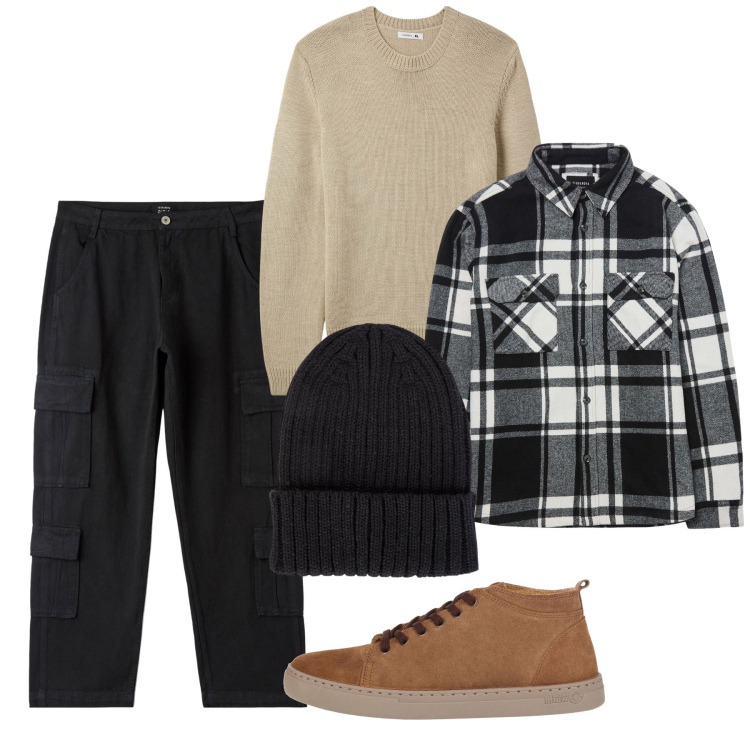 Outfit uomo - On the road. Stile Urban per Tutti i giorni. Abbinamento con sneakers alte, maglieria, cappotti, pantaloni cargo, berretti.