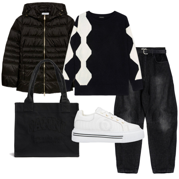 Outfit donna - Casual Black & White. Stile Casual per Tutti i giorni. Abbinamento con sneakers, jeans, piumini, maglieria, shopping bag.