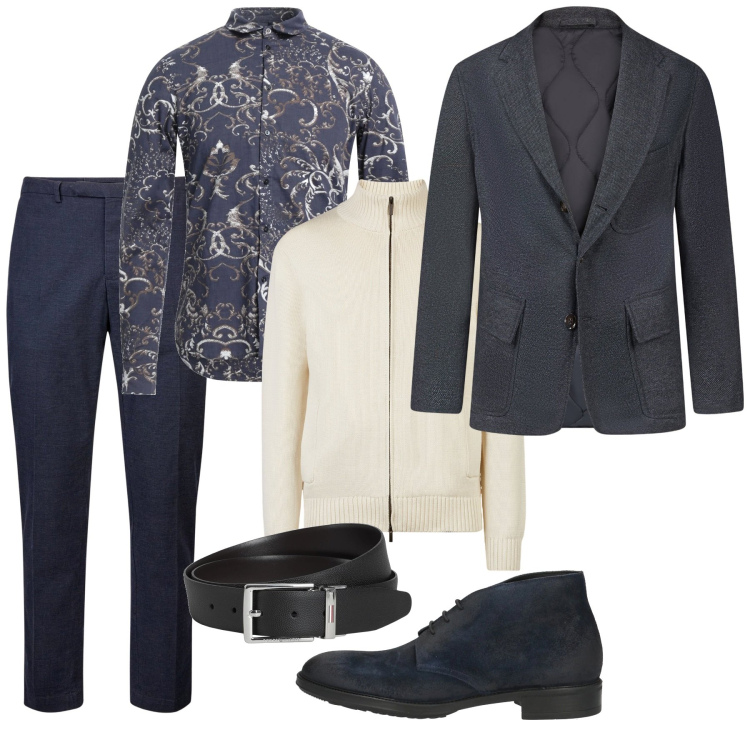 Outfit uomo - Burro e blu. Stile Trendy per Serata speciale. Abbinamento con cinture, stivali e stivaletti, camicie, giacche, cardigans, pantaloni.