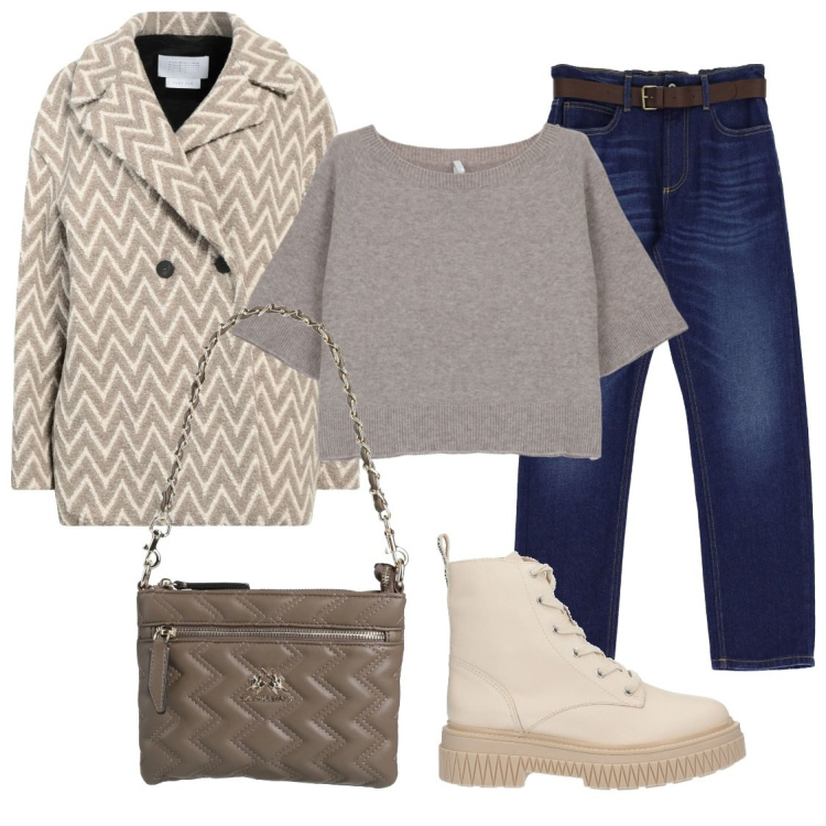 Outfit donna - 15 gennaio. Stile Casual per Tutti i giorni. Abbinamento con caban, stivaletti, borse a mano, jeans dritti, maglieria.