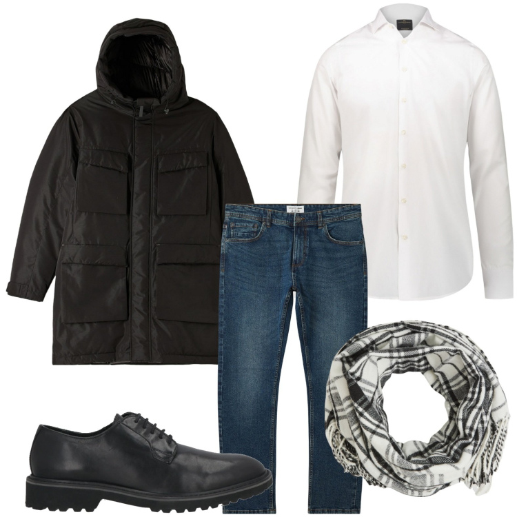 Outfit uomo - Stringate con jeans. Stile Trendy per Ufficio. Abbinamento con scarpe stringate, jeans, sciarpe, parka, camicie.