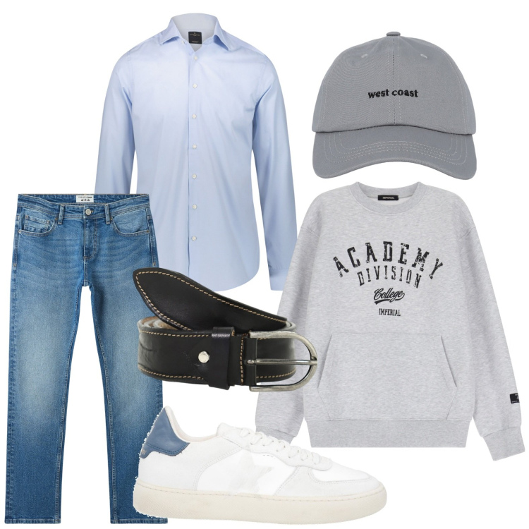 Outfit uomo - Stile college. Stile Trendy per Tutti i giorni. Abbinamento con sneakers, jeans, cappelli con visiera, felpe, cinture, camicie.
