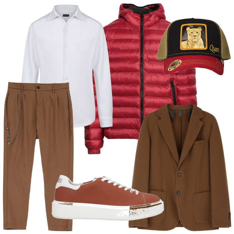 Outfit uomo - Piumino style. Stile Casual per Ufficio. Abbinamento con piumini, sneakers, giacche, pantaloni, polo, cappelli con visiera.