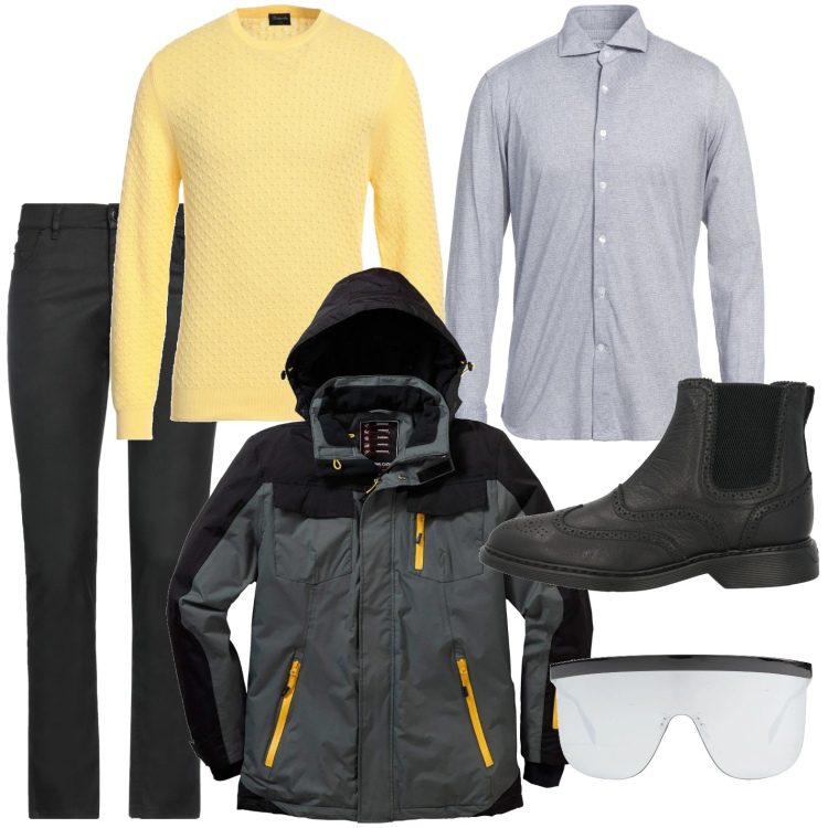 Outfit uomo - Sotto la pioggia. Stile Urban per Ufficio. Abbinamento con giacche, occhiali da sole, pantaloni, stivali e stivaletti, pullovers, camicie.