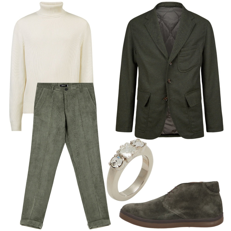 Outfit uomo - Minimal night. Stile Trendy per Serata speciale. Abbinamento con anelli, stivali e stivaletti, pantaloni, giacche, maglieria.