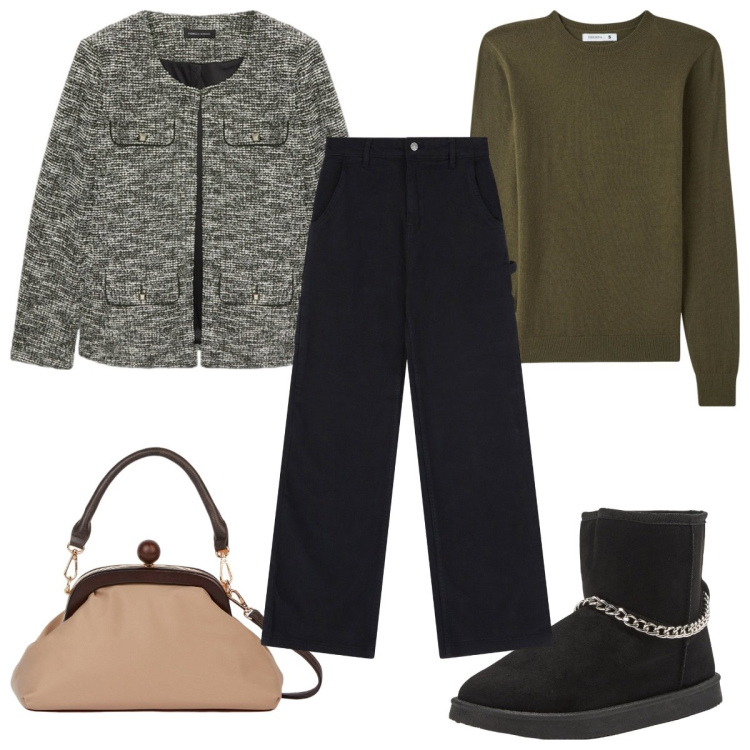 Outfit donna - Urban escape : gli stivaletti. Stile Trendy per Tutti i giorni. Abbinamento con maglieria, stivaletti, pantaloni, clutch, blazer.