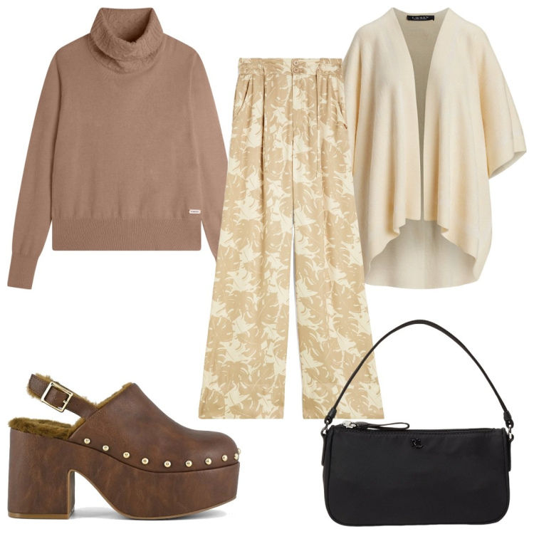 Outfit donna - Urban escape in marrone. Stile Trendy per Tutti i giorni. Abbinamento con pantaloni culotte, maglieria, pochette, cappe, sabot.