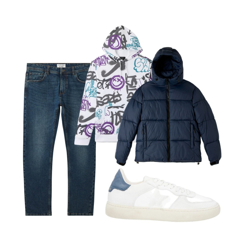 Outfit uomo - Total look #2038514. Stile Casual per Tutti i giorni. Abbinamento con sneakers, jeans, piumini, felpe con cappuccio.