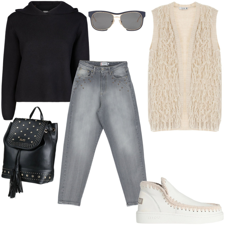 Outfit donna - Gilet con frange e trama intrecciata. Stile Casual per Scuola/Università. Abbinamento con stivaletti, zaini, occhiali da sole, gilet, jeans, maglieria.