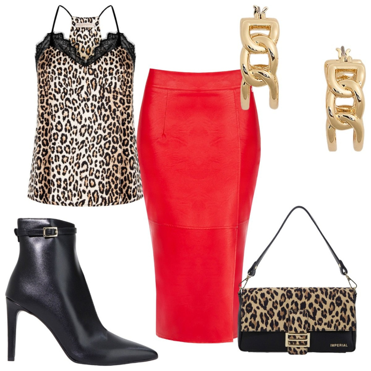 Outfit donna - Gonna midi e animalier. Stile Trendy per Serata fuori. Abbinamento con stivaletti, borse a spalla, gonne longuette, top, orecchini.