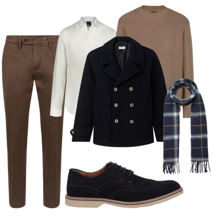 Outfit uomo - Total look #2038522. Stile Business/Elegante per Ufficio. Abbinamento con scarpe stringate, sciarpe, cappotti, camicie, pantaloni chino, maglieria.