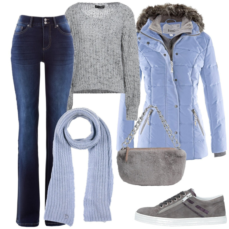 Outfit donna - Sciarpa azzurro polvere. Stile Casual per Tutti i giorni. Abbinamento con piumini, jeans bootcut, sneakers, pullovers, borse a mano, sciarpe.