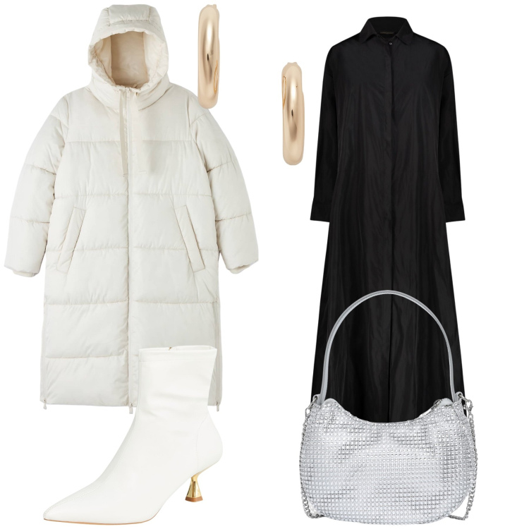 Outfit donna - Black and White for the city. Stile Urban per Tutti i giorni. Abbinamento con stivaletti, piumini, borse a spalla, orecchini, vestiti.