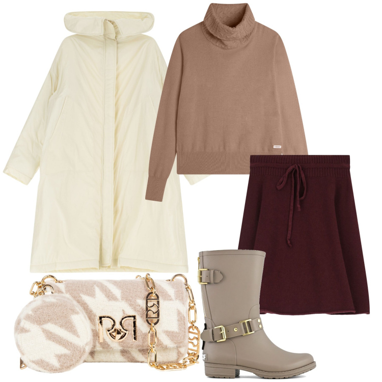 Outfit donna - Pomeriggio in città. Stile Trendy per Tutti i giorni. Abbinamento con borse a tracolla, minigonne, maglieria, parka, stivali.