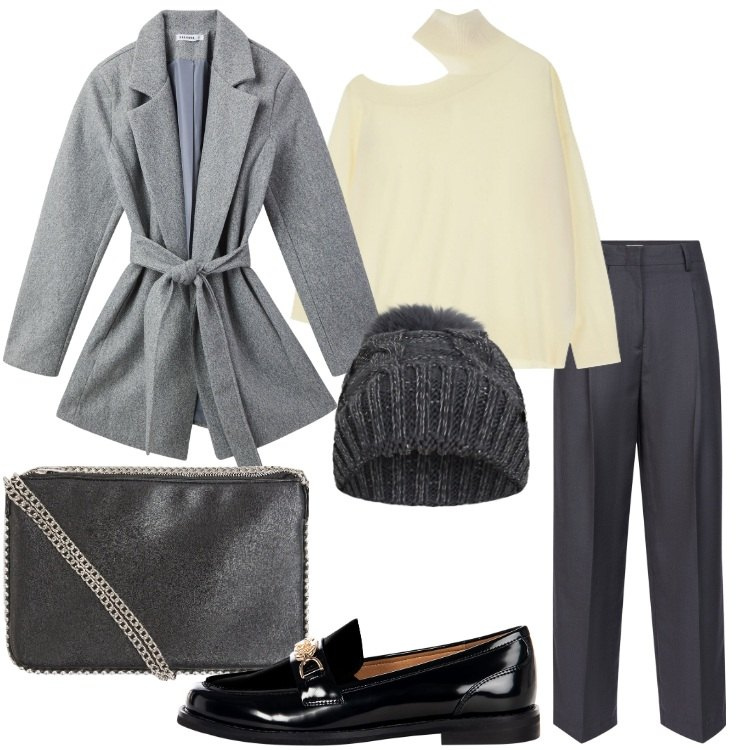 Outfit donna - Urban Escape. Stile Casual chic per Tutti i giorni. Abbinamento con borse a tracolla, cappotti, berretti, mocassini, maglieria, pantaloni.