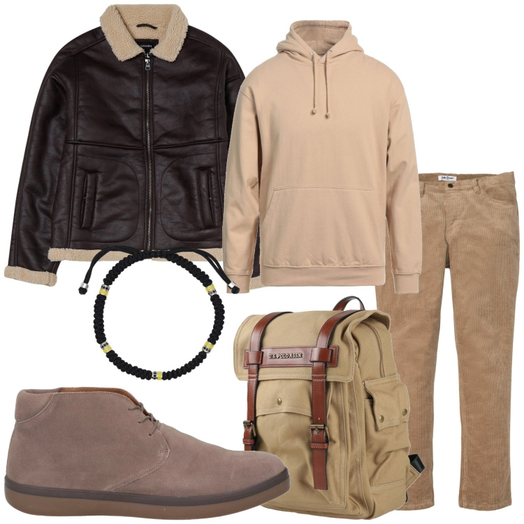 Outfit uomo - Pronto per la partenza. Stile Urban per Tutti i giorni. Abbinamento con pantaloni, stivali e stivaletti, borse sportive, felpe con cappuccio, giacche, braccialetti.