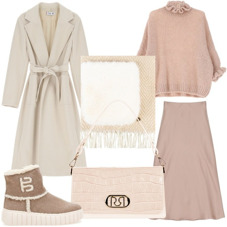 Outfit donna - Cappotti avvolgenti e maxi sciarpe. Stile Trendy per Tutti i giorni. Abbinamento con sciarpe, borse a tracolla, cappotti, maglieria, gonne longuette, stivaletti.