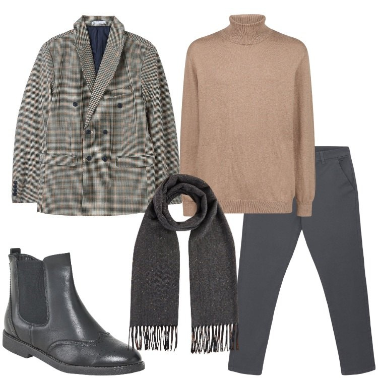 Outfit uomo - Casual chic per l\'ufficio. Stile Casual per Ufficio. Abbinamento con stivali e stivaletti, pantaloni chino, giacche, maglieria, sciarpe.