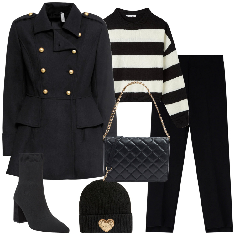 Outfit donna - City. Stile Urban per Tutti i giorni. Abbinamento con cappotti, berretti, maglieria, stivaletti, borse a tracolla, pantaloni.