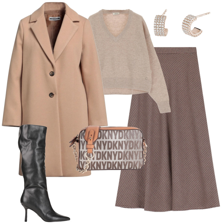 Outfit donna - City. Stile Chic per Tutti i giorni. Abbinamento con cappotti, stivali, borse a tracolla, orecchini, gonne lunghe, maglieria.