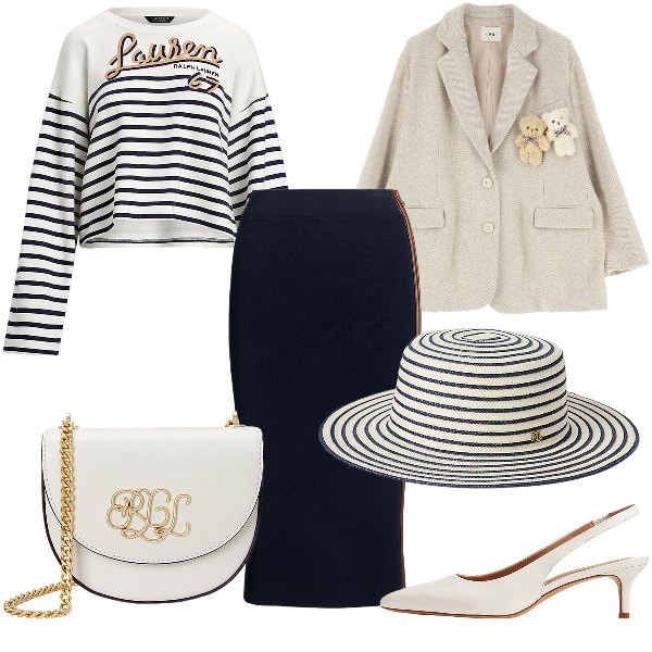 Outfit donna - Total look #2038567. Stile Bon Ton per Tutti i giorni. Abbinamento con décolleté, cappelli, borse a tracolla, felpe, gonne, blazer.