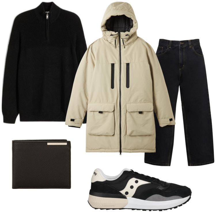 Outfit uomo - Total look #2038576. Stile Urban per Tutti i giorni. Abbinamento con sneakers, maglieria, portafogli, parka, jeans.
