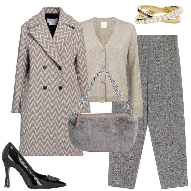 Outfit donna - City. Stile Chic per Tutti i giorni. Abbinamento con cappotti, décolleté, borse a mano, anelli, pantaloni, cardigans.