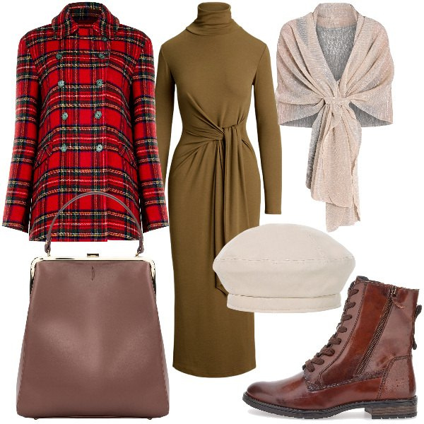 Outfit donna - Total look #2038579. Stile Bon Ton per Tutti i giorni. Abbinamento con stole, cappotti, vestiti, cappelli e berretti, borse a spalla, anfibi.