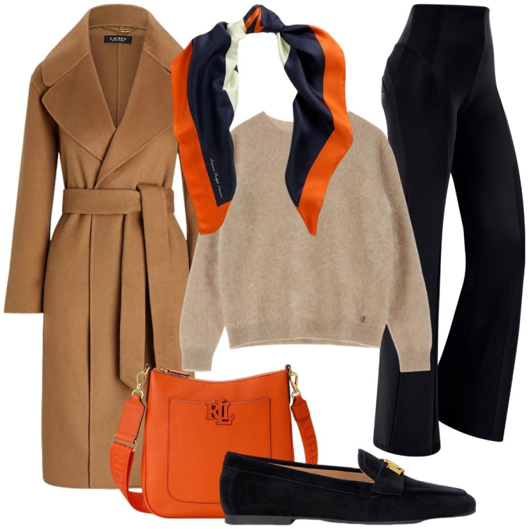 Outfit donna - Contrasti urbani. Stile Urban per Ufficio. Abbinamento con pantaloni, pullovers, mocassini, cappotti, foulard, borse a tracolla.