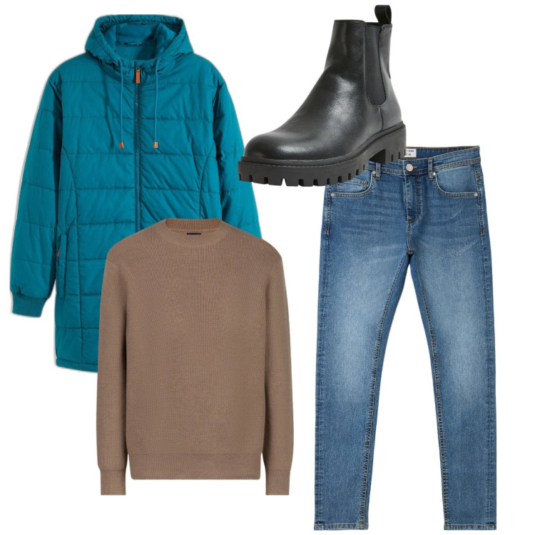 Outfit uomo - Il piumino lungo. Stile Casual per Tutti i giorni. Abbinamento con giacche, jeans skinny, stivali e stivaletti, maglieria.