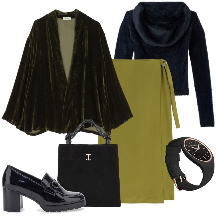 Outfit donna - La gonna a portafoglio. Stile Chic per Serata fuori. Abbinamento con maglieria, gonne longuette, shopping bag, orologi, blazer, mocassini.