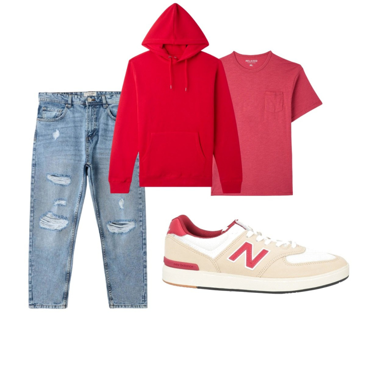 Outfit uomo - Total look #2038594. Stile Casual per Tutti i giorni. Abbinamento con sneakers, t-shirt, felpe con cappuccio, jeans strappati.