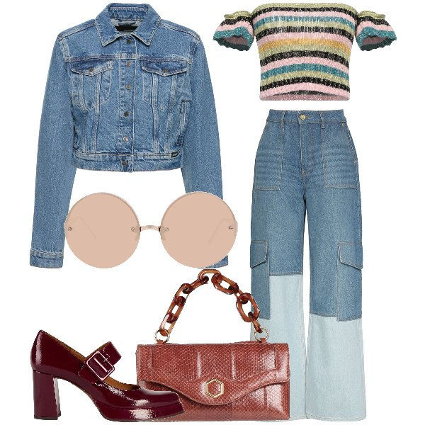 Outfit donna - Total look #2038598. Stile 70s per Serata fuori. Abbinamento con top, borse a mano, décolleté, occhiali da sole, jeans, blazer.
