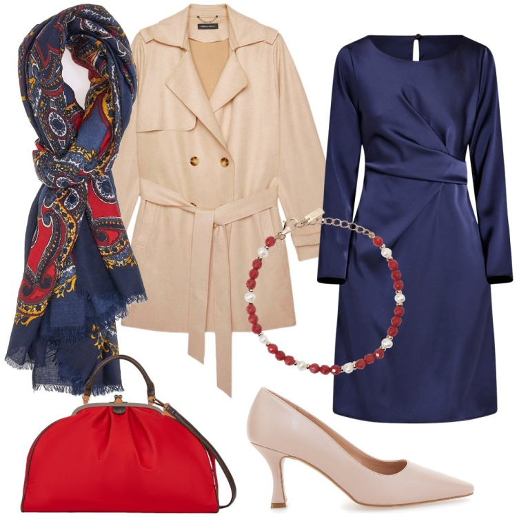 Outfit donna - Beige, blu e rosso. Stile Bon Ton per Serata fuori. Abbinamento con braccialetti, vestiti midi/longuette, foulard, décolleté, trench, borse a spalla.