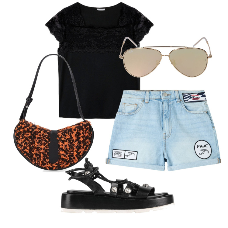 Outfit donna - Shorts. Stile Urban per Tutti i giorni. Abbinamento con sandali in pelle, shorts, t-shirt, occhiali da sole, borse a spalla.