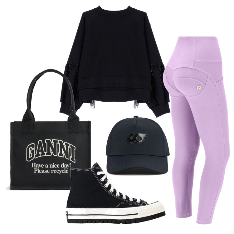 Outfit donna - Casual sport. Stile Casual per Sport. Abbinamento con sneakers, felpe, pantaloni skinny, cappelli, shopping bag.