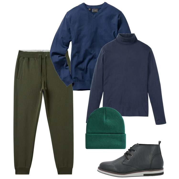 Outfit uomo - I cargo col blu. Stile Urban per Tutti i giorni. Abbinamento con maglieria, maglieria, stivali e stivaletti, berretti, pantaloni.