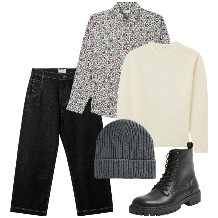 Outfit uomo - Piccoli fiori. Stile Casual per Tutti i giorni. Abbinamento con camicie, anfibi, maglieria, berretti, jeans.